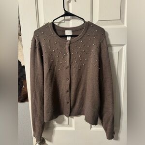 Brown Pearl-and Stone Embellished Women's Cardigan